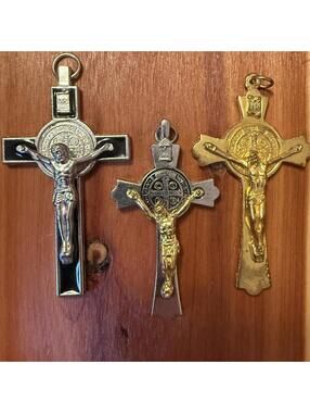 Vintage St Benedict Crucifix Pendant Lot – Catholic Medal Crosses, Italy- 3pc